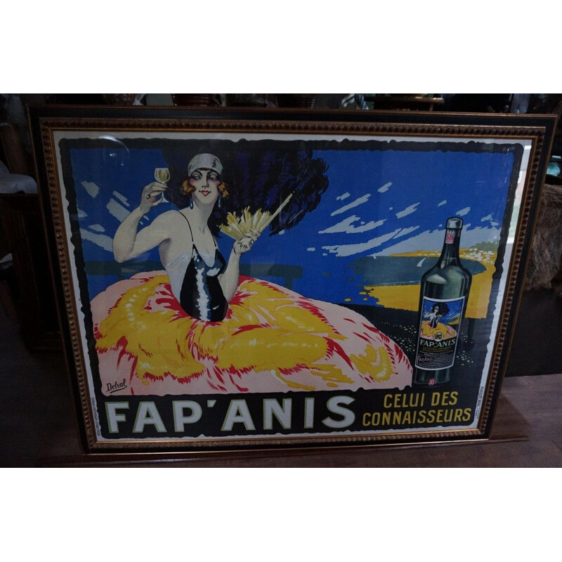 Vintage liquor poster framed in black and gold wood by Robert Delval, France 1920