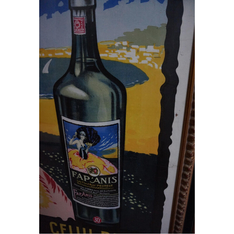 Vintage liquor poster framed in black and gold wood by Robert Delval, France 1920