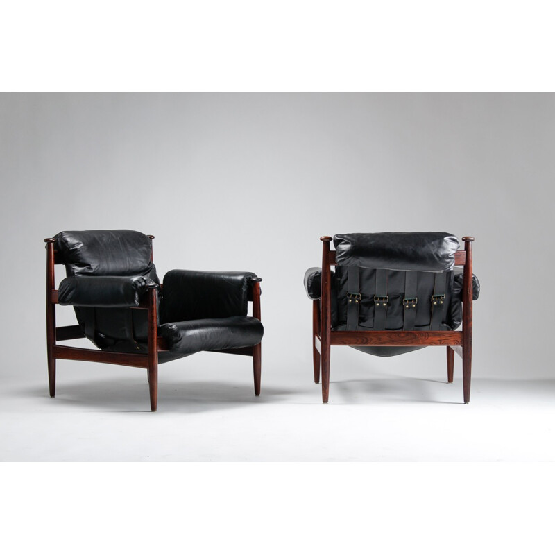 Pair of IRE Möbler "Amiral" armchairs in leather and rosewood, Eric MERTHEN - 1960s