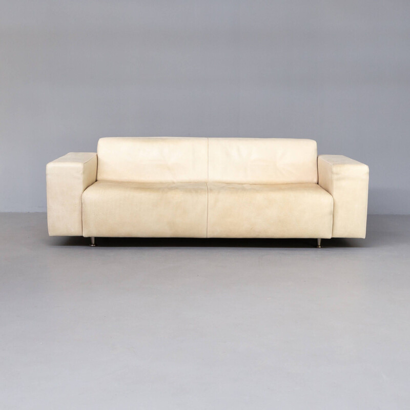 Vintage bull leather cream sofa and hocker for Molinari, Italy 1987