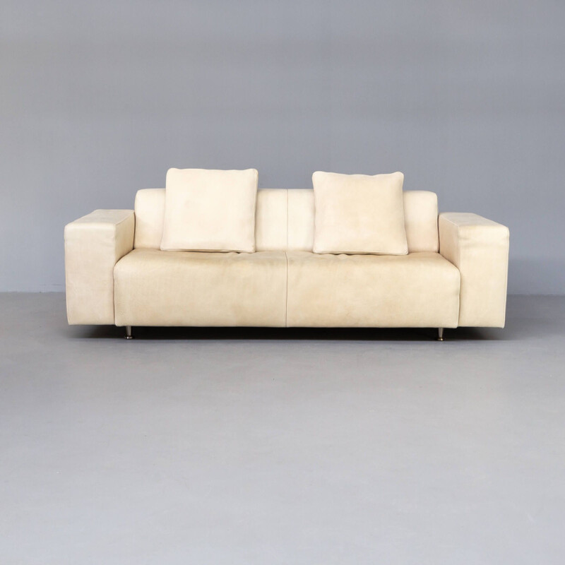 Vintage bull leather cream sofa and hocker for Molinari, Italy 1987