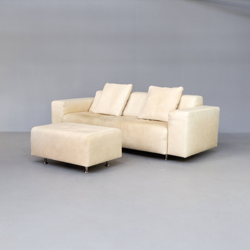 Vintage bull leather cream sofa and hocker for Molinari, Italy 1987