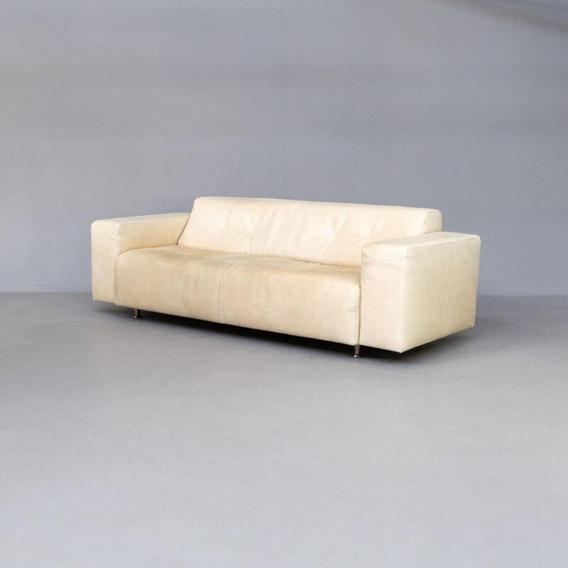 Vintage-Sofa und Hocker aus cremefarbenem Bullenleder für Molinari, Italien 1987
