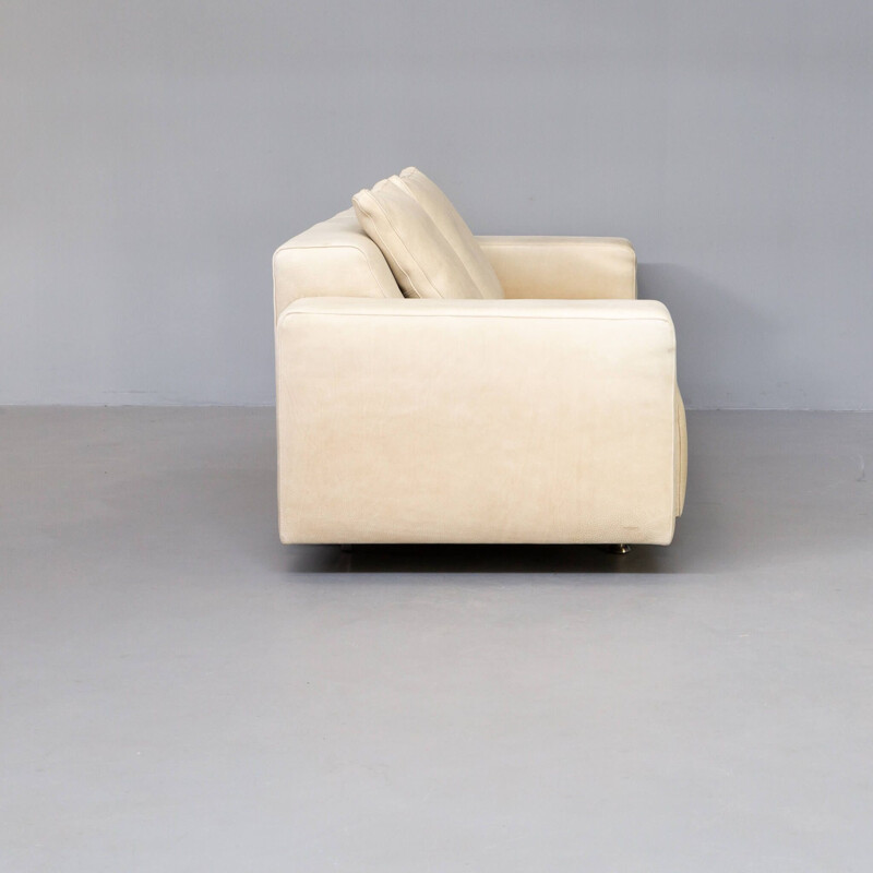 Vintage bull leather cream sofa and hocker for Molinari, Italy 1987