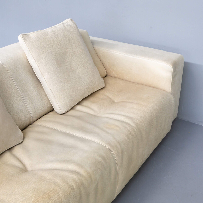 Vintage bull leather cream sofa and hocker for Molinari, Italy 1987