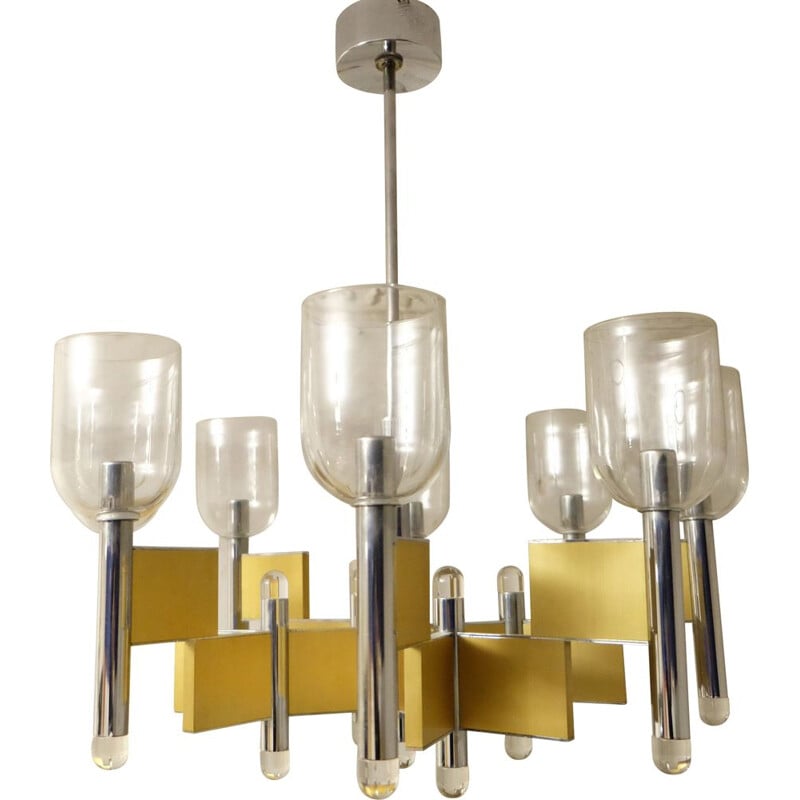 Vintage 8 arms brass chandelier by Gaetano Sciolari, Italy 1970