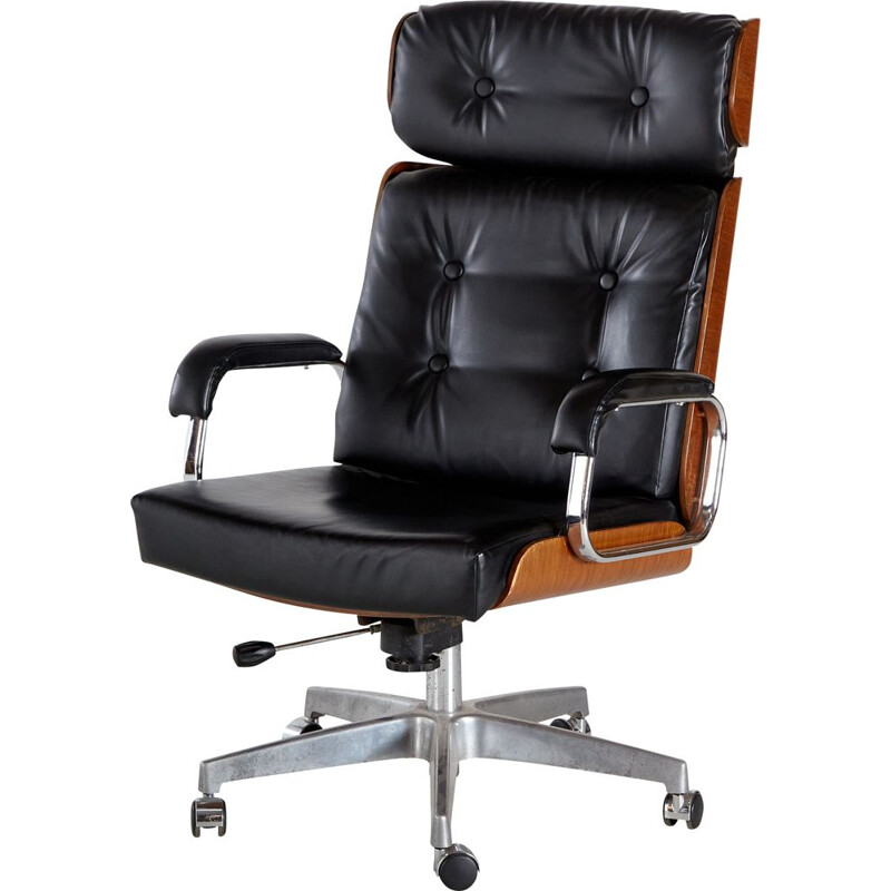 Swiss vintage rosewood and leather office chair on wheels, 1970s