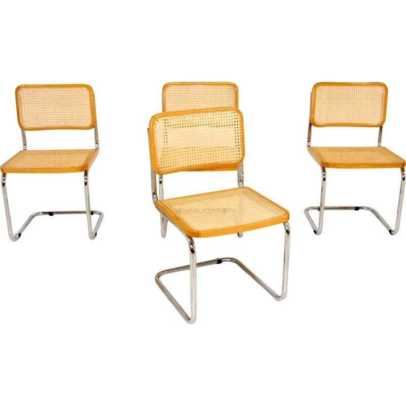 Lot de 4 chaises vintage en hêtre et cannage, Italie