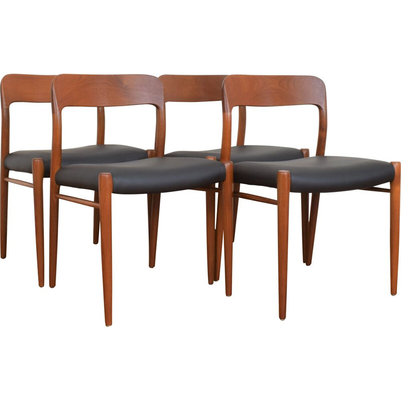 Set di 4 sedie danesi vintage in teak e pelle modello 75 di N. O. Møller per J.L. Møller, 1960