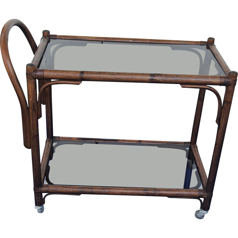 Vintage bamboo cart with smoked glass trays