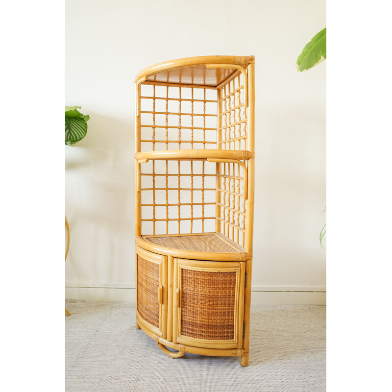 Mid century wicker 3 tier corner shelving unit, 1970s