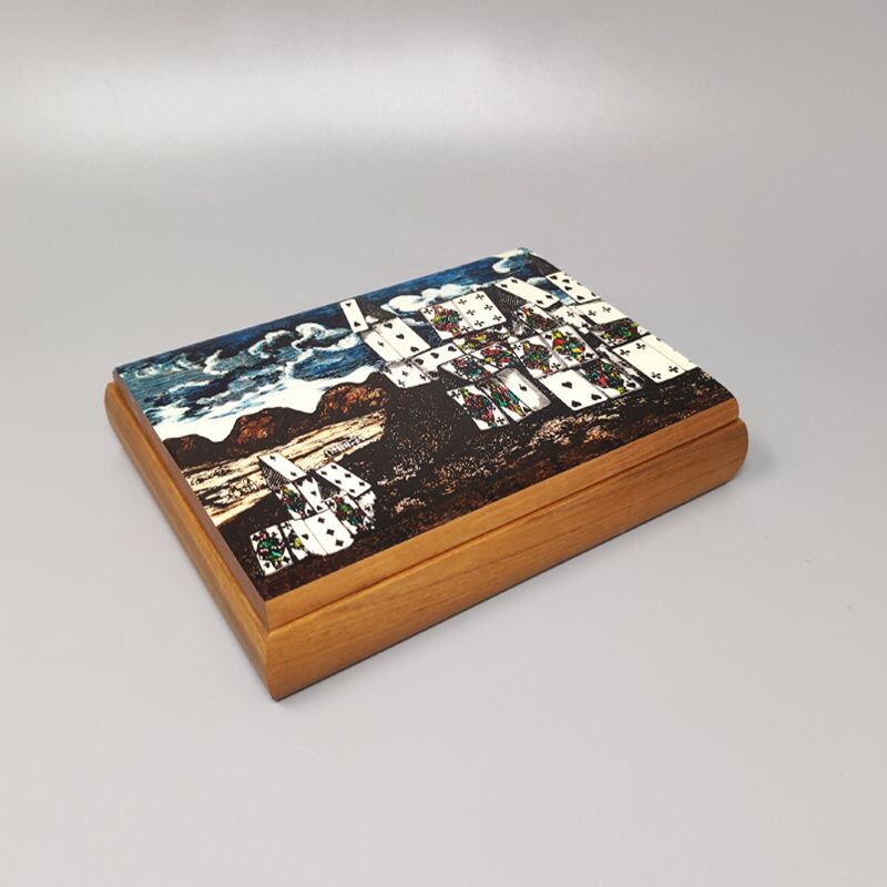 Vintage walnut playing card box by Piero Fornasetti for Dal Negro, Italy 1980