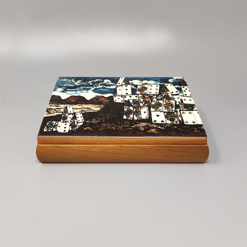 Caja vintage de nogal para naipes de Piero Fornasetti para Dal Negro, Italia 1980