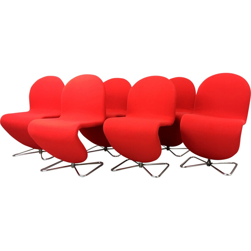 Suite de 6 chaises Fritz Hansen en tissu rouge, Verner PANTON - 1970