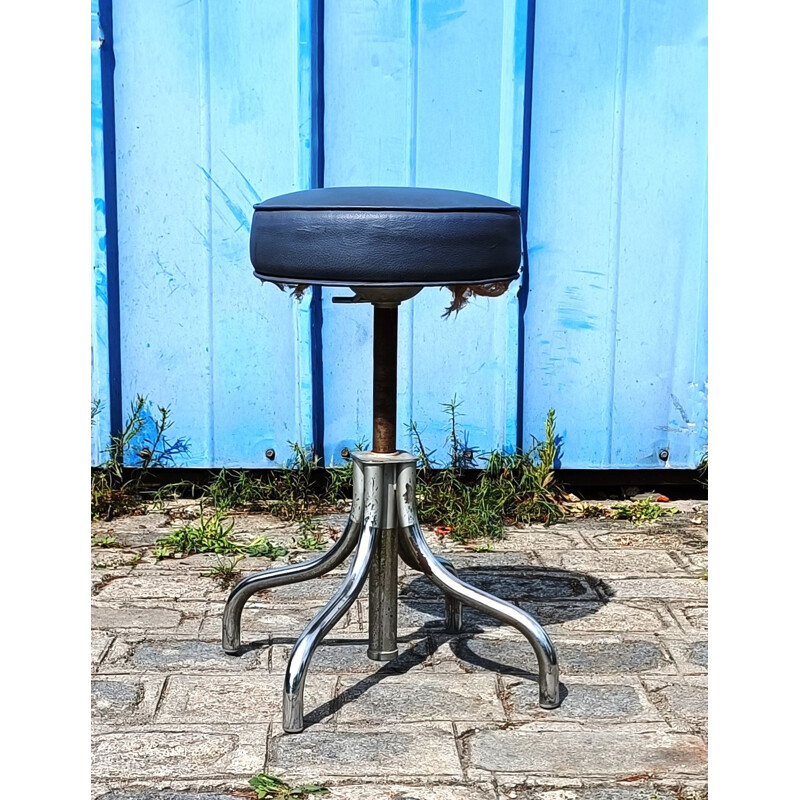 Vintage blue leather swivel workshop stool