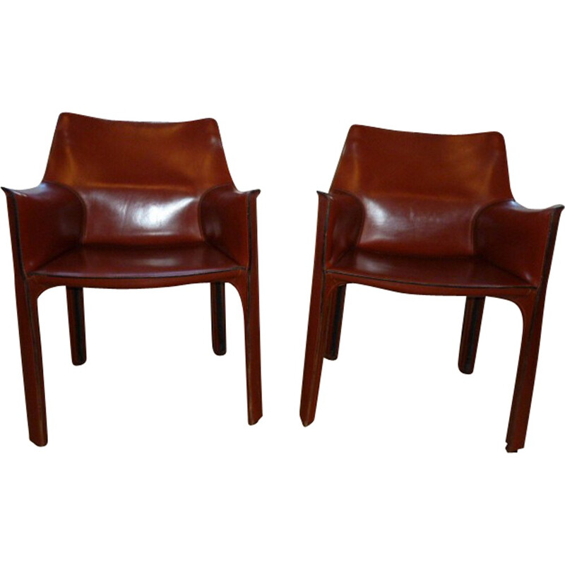 Pair of Cassina armchairs in cognac brown leather, Mario BELLINI - 1980s