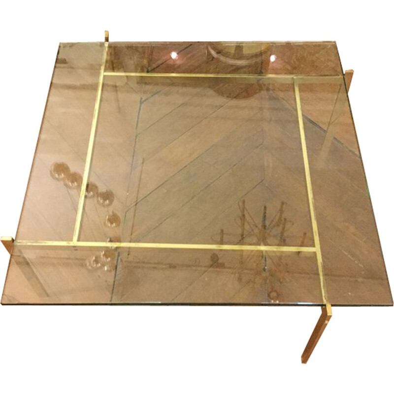 Vintage square coffee table with glass top - 1960s