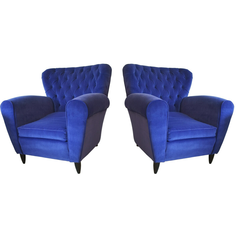 Pair of Italian armchairs in blue velvet, Gugliemo ULRICH - 1940s