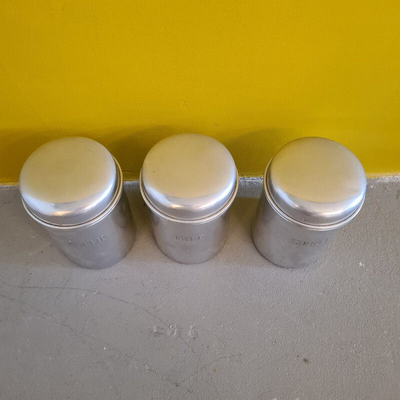 Set of 3 vintage aluminum coffee, tea and sugar supply canisters by Berk, 1950s