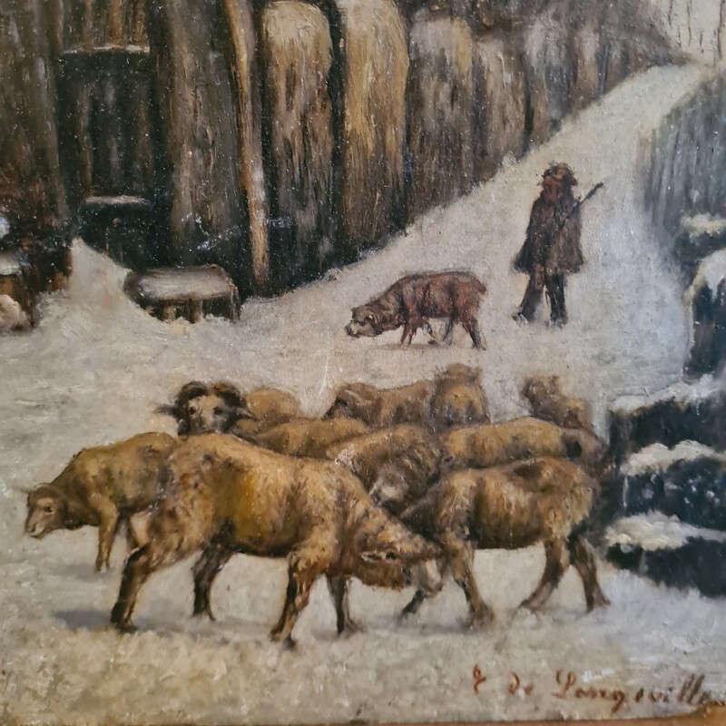 Vintage painting of a sheep herder, France