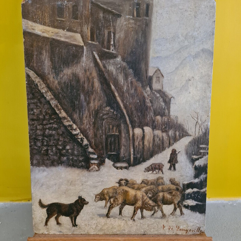 Vintage painting of a sheep herder, France