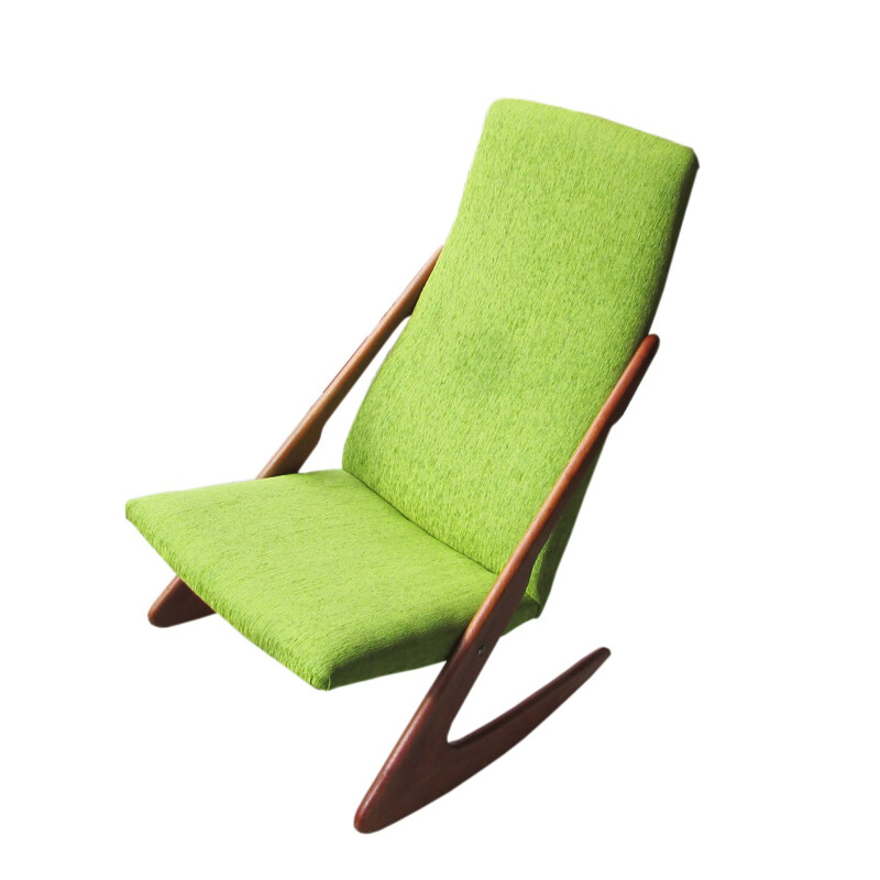 Rocking chair in solid teak and green fabric - 1960s