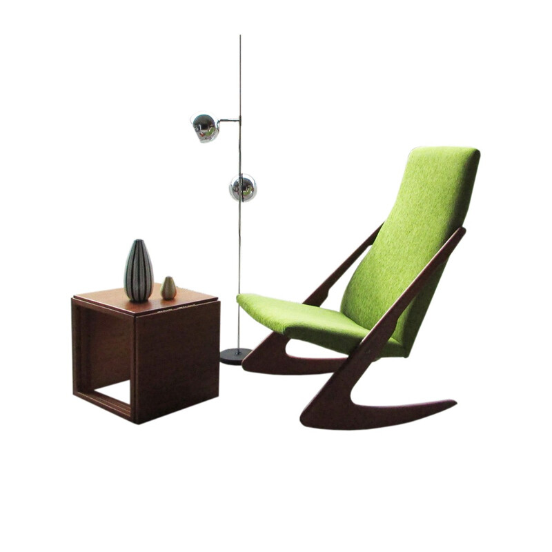 Rocking chair in solid teak and green fabric - 1960s