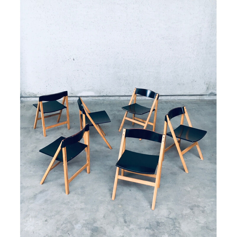 Set of 6 vintage Italian plywood folding chairs, Italy 1970-1980s
