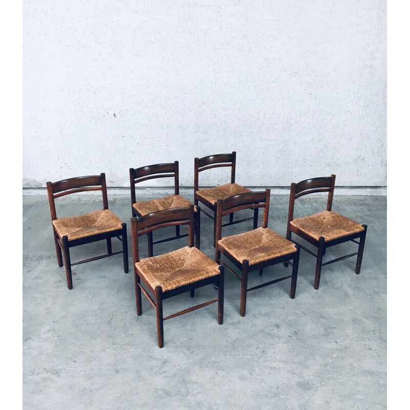 Set of 6 mid century wengé & paper cord dining chairs, Belgium 1960s