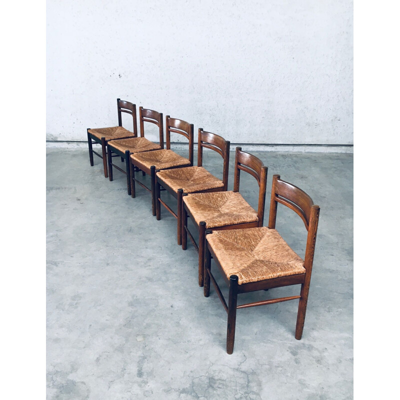 Set of 6 mid century wengé & paper cord dining chairs, Belgium 1960s