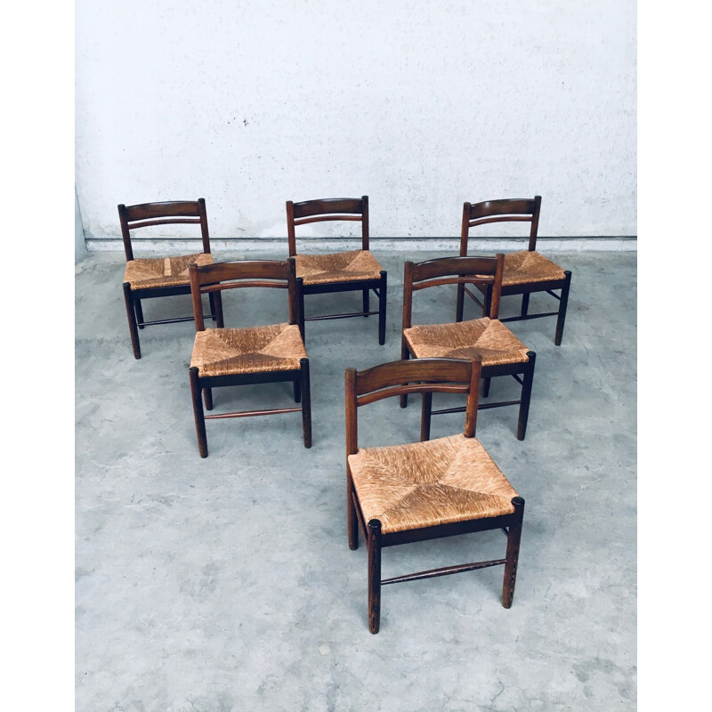 Set of 6 mid century wengé & paper cord dining chairs, Belgium 1960s