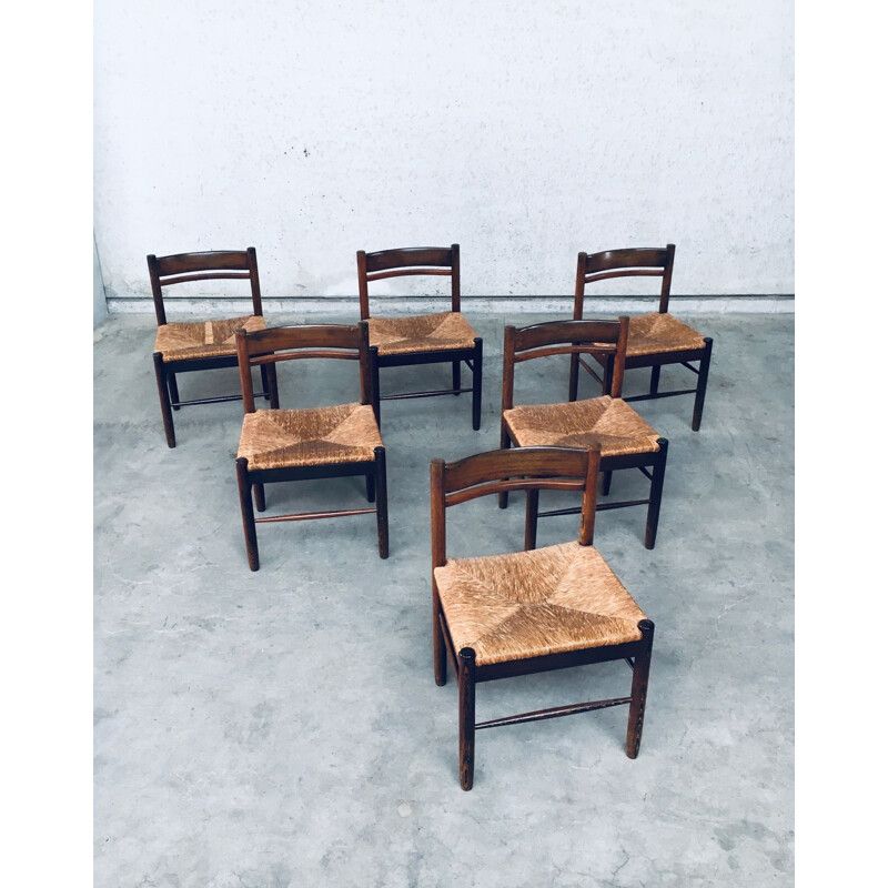 Conjunto de 6 cadeiras vintage wenge e cordão de papel, Bélgica 1960