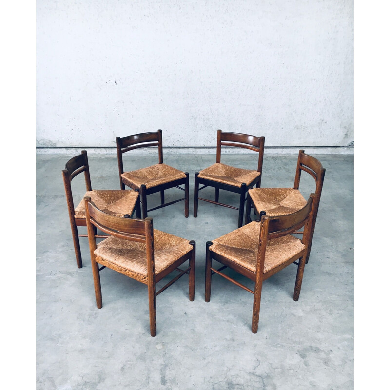 Set of 6 mid century wengé & paper cord dining chairs, Belgium 1960s