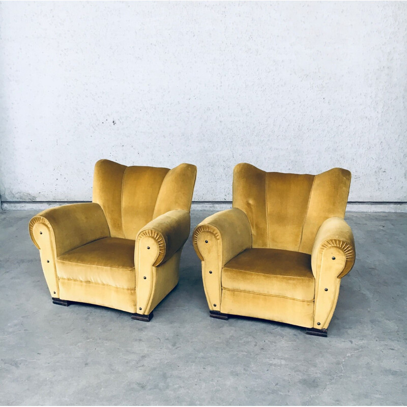 Pair of vintage Art Deco gold velvet armchairs, Belgium 1930s