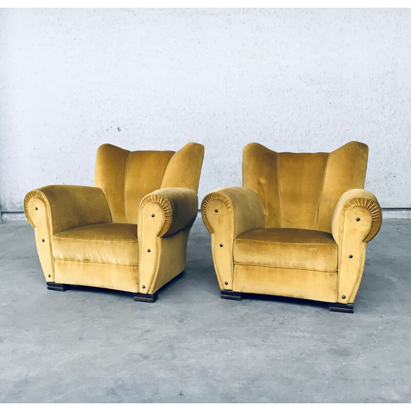 Pair of vintage Art Deco gold velvet armchairs, Belgium 1930s