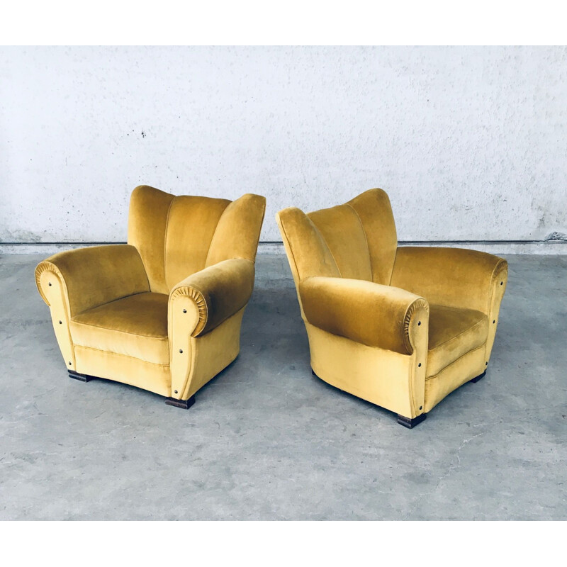 Pair of vintage Art Deco gold velvet armchairs, Belgium 1930s