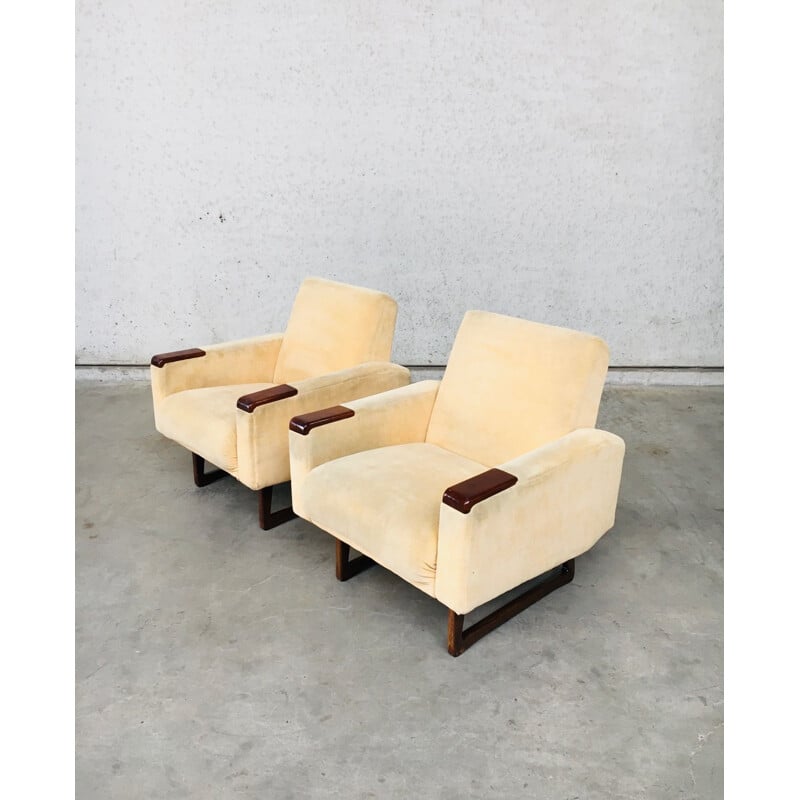 Pair of mid century velvet frabric and wood armchairs, Denmark 1950-1960s