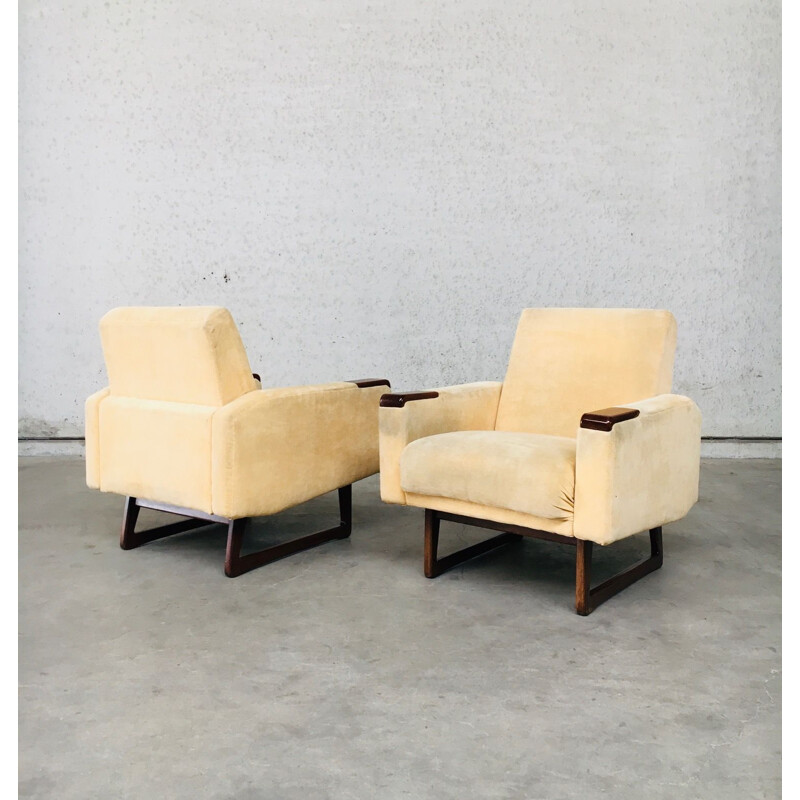 Pair of mid century velvet frabric and wood armchairs, Denmark 1950-1960s