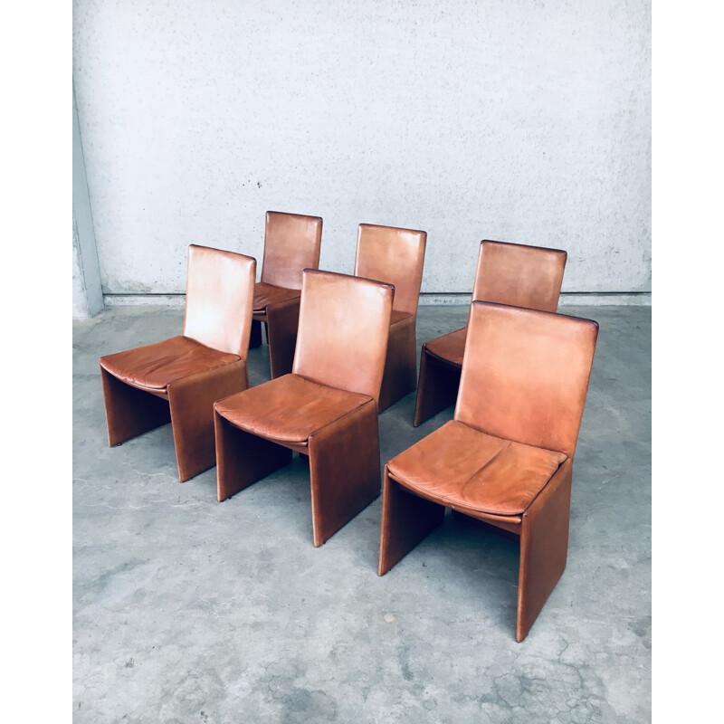 Set van 6 vintage Italiaanse postmoderne leren stoelen, Italië 1970