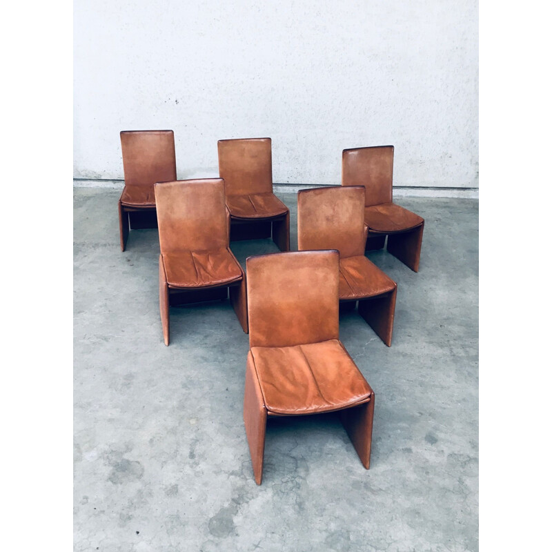 Set van 6 vintage Italiaanse postmoderne leren stoelen, Italië 1970