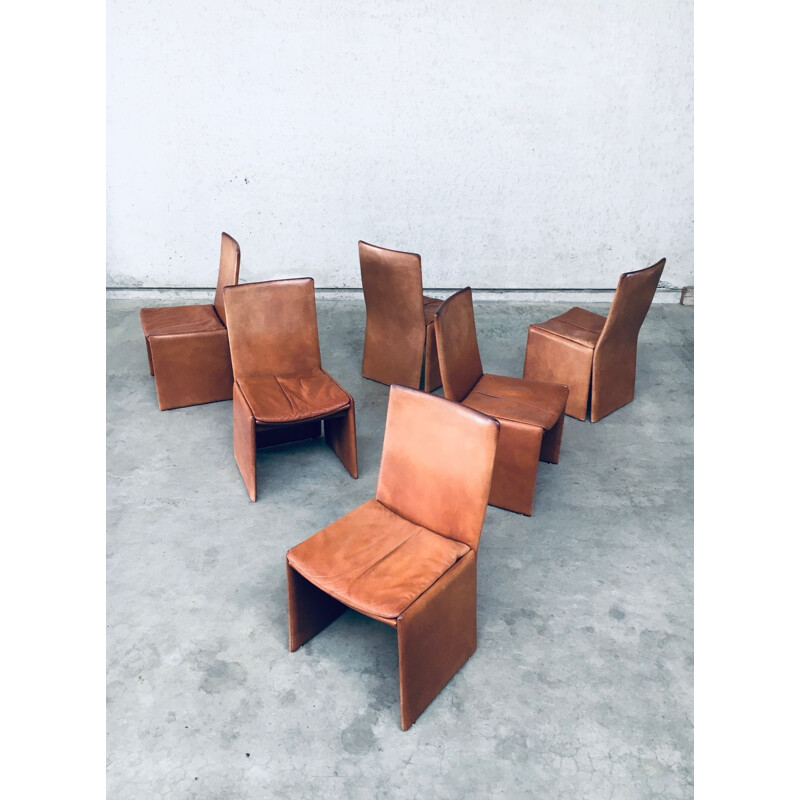 Set van 6 vintage Italiaanse postmoderne leren stoelen, Italië 1970