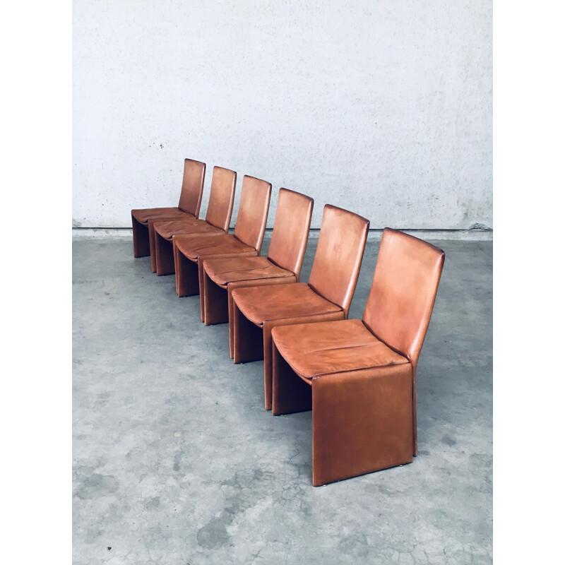 Set van 6 vintage Italiaanse postmoderne leren stoelen, Italië 1970