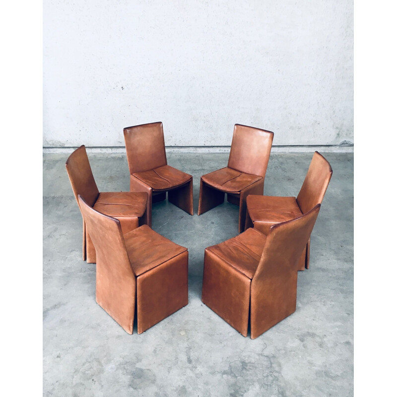Set of 6 vintage postmodern Italian leather dining chairs, Italy 1970s