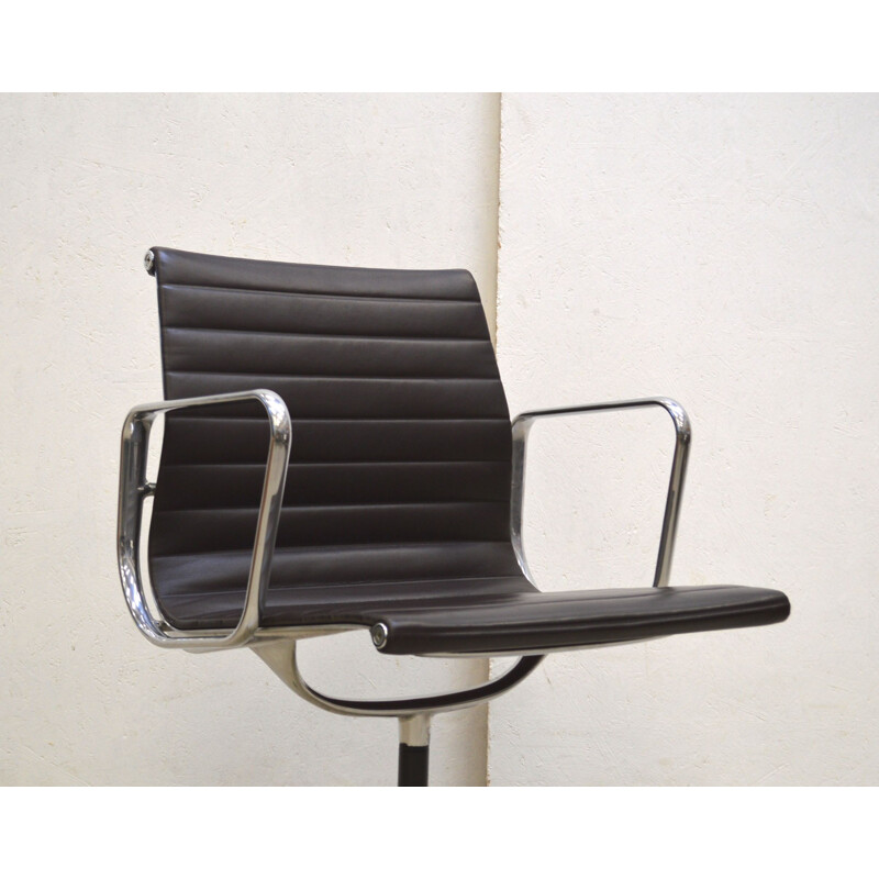 Vintage brown leather Ea108 Alu armchair by Charles Eames for Vitra, 2010