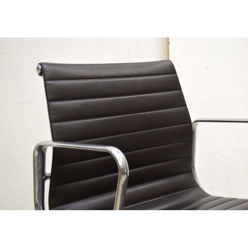 Vintage brown leather Ea108 Alu armchair by Charles Eames for Vitra, 2010