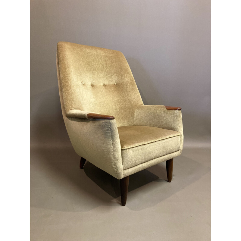 Scandinavian vintage armchair in velvet and teak, 1950