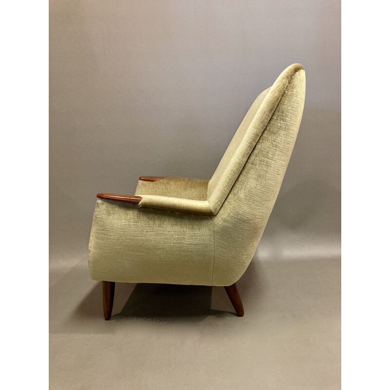 Scandinavian vintage armchair in velvet and teak, 1950