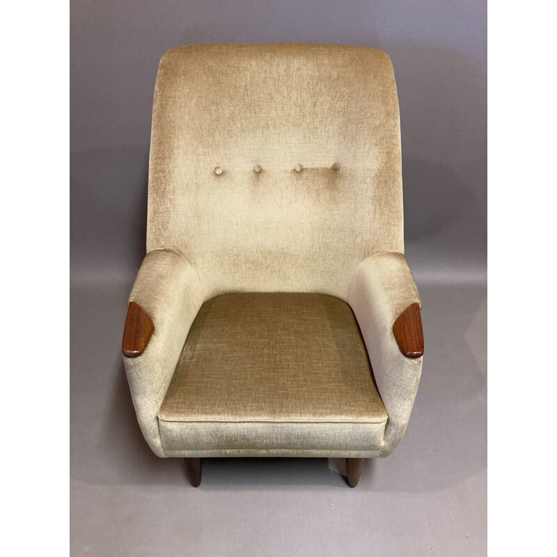 Scandinavian vintage armchair in velvet and teak, 1950