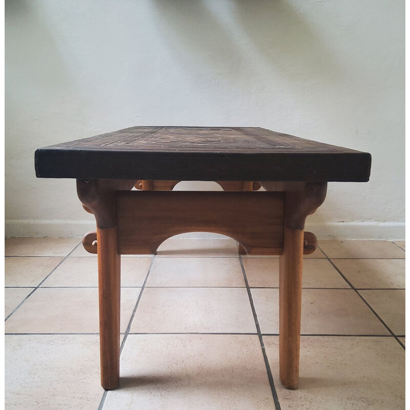 Table basse vintage en cuir et bois par Angel Pazmino pour Muebles de Estilo, 1960