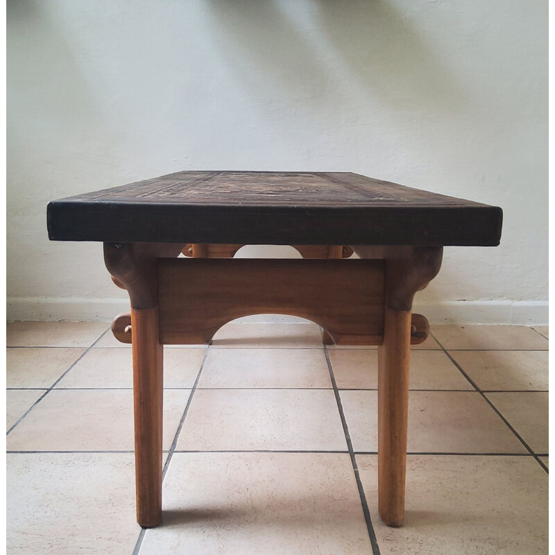 Vintage leather and wood coffee table by Angel Pazmino for Muebles de Estilo, 1960